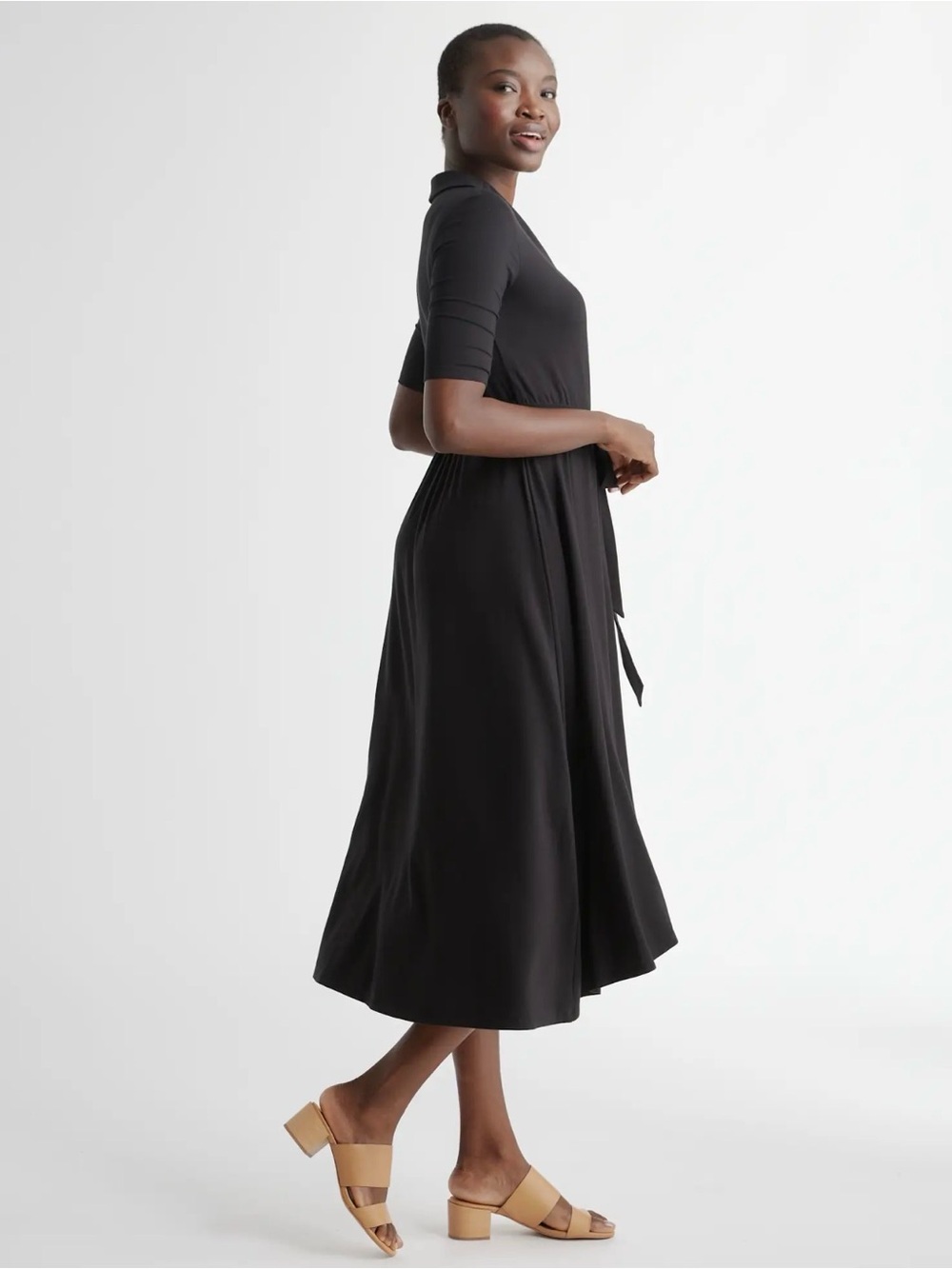 Quince Black Tencel Midi Wrap Dress, Large, Soft Stretch, Sustainable, Office - Picture 6 of 6